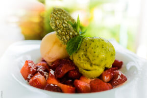 Basil- & Lychee-Sorbet with Strawberries